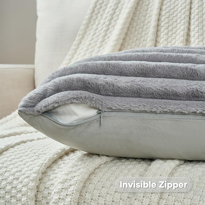FUTEI Grey Striped Decorative Throw Pillow Covers 18x18 Inch Set of 2,Square Winter Decorations Couch Pillow Case,Soft Cozy Faux Rabbit Fur & Velvet Back,Modern Home Decor for Bed