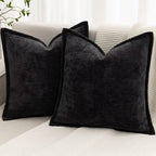 Black Decorative Throw Pillow Covers 22x22 Inch Set of 2 Cozy Soild Chenille Cushion Cases Soft Textured Square Couch Pillows Cover Boho Accent Farmhouse Pillowcases for Sofa Bed