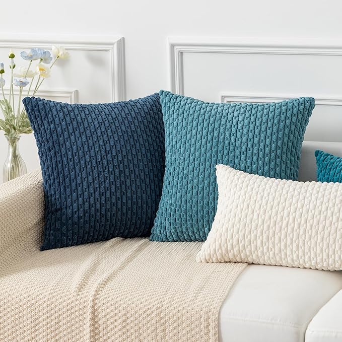 Kevin Textile Throw Pillow Covers Soft Corduroy Decorative Set of 2 Boho Striped Pillow Covers Pillowcases Farmhouse Home Decor for Couch Bed Sofa Living Room 12x20 Inch Light Blue