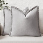 MIULEE Decorative Throw Pillow Covers Neutral Linen Fringe Throw Pillows Set of 2 Light Grey Boho Farmhouse Cushion Covers with Tassels for Couch Sofa Bed Living Room Spring Home Decor 18x18 Inch