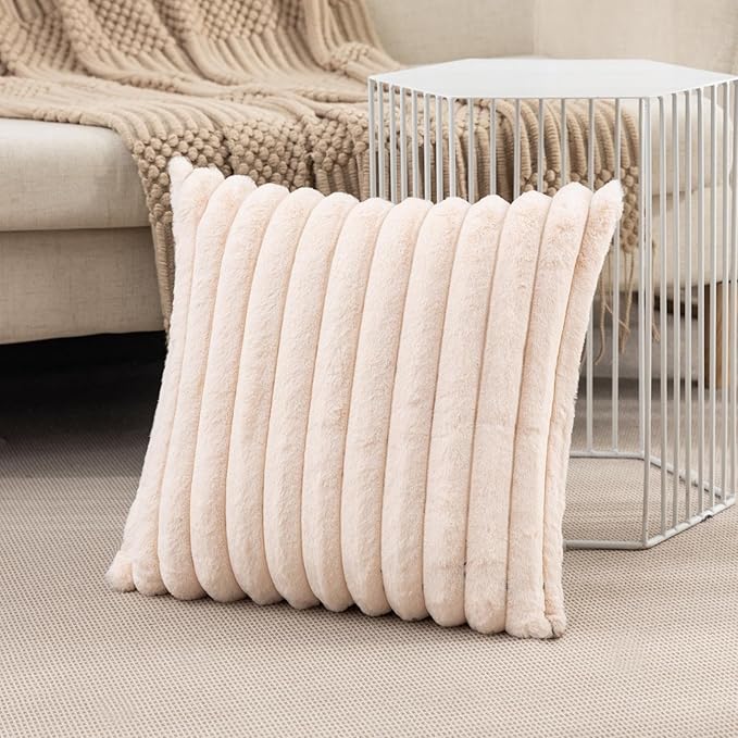 ZLINA Set of 2 Beige Faux Fur Decorative Throw Pillow Covers Fluffy Striped Pillowcase Cushion Covers 20 x 20 Inch Decor Sofa Couch Bedroom