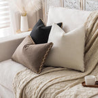 Decorative Neutral Linen Throw Pillow Covers 18x18 Inch Set of 2, Boho Farmhouse Pillow Covers with Braid Fringe for Sofa Bed Modern Couch Pillow Cases for Organic Home Decor