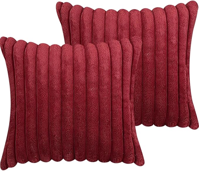 18x18 Throw Pillow Covers Set of 2, Decorative Faux Fur Covers for Bed, Couch Soft Fluffy Pillow Cover with Velvet Back for Living Room, Neutral Home Décor Accent for Sofa - Wine Red