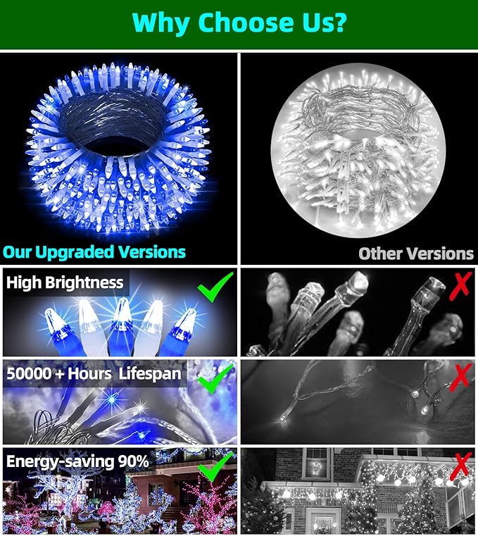 1500 LED Chrstmas Lights, 470ft Outdoor Christmas String Lights with 12 Modes, Blue Cool White LED String Lights with Timer Dimmable Waterproof for Tree Fence Xmas Wedding Party Decor Blue&Cool White