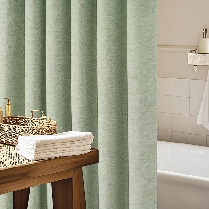 Sage Green Faux Linen Textured Shower Curtain Water-Resistant, Heavy Duty Farmhouse Fabric Shower Curtain Washable, 72 x 72 Inch Forest Green Linen Look Bathroom Shower Curtains Wrinkle-Free