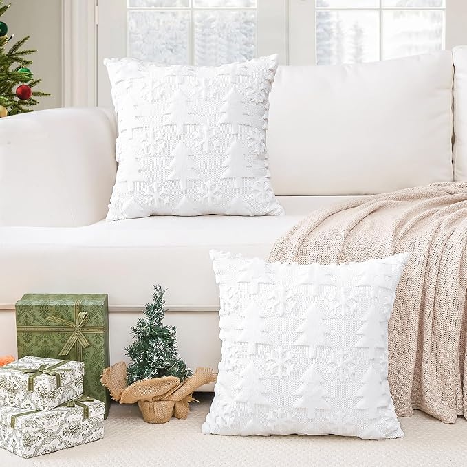 OTOSTAR Set of 2 Xmas Soft Plush Short Wool Velvet Decorative Throw Pillow Covers Square Luxury Style Cushion Case Pillow Shell for Sofa Bedroom Tree and Snowflake White, 12x12 Inch