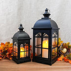 TRIROCKS Set of 2 Decorative Vintage Candle Lanterns 14.5"&20" H Farmhouse Outdoor Hanging Lanterns with Tempered Glass for Porch, Balcony, Patio, Home, Centerpieces, Indoor, Outdoor(Black)