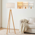 ELYONA Nordic Wood Tripod Floor Lamp, Modern Reading Standing Lamp for Living Room 3 Color Temperatures LED Bulb Included Flaxen Lamp Shade, Boho Natural Wooden floor lamp for Bedroom Office Kids Room