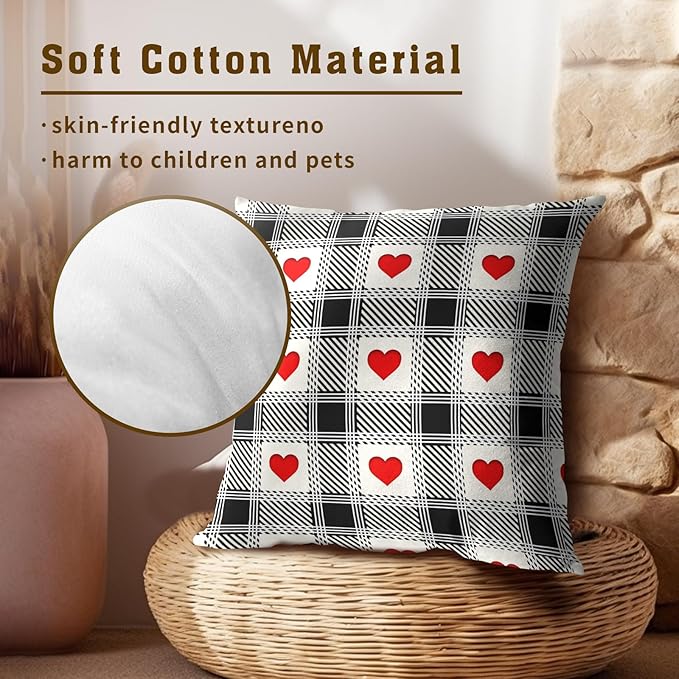 Love Hearts Pillow Covers 22x22 Inch, Set of 2 Black White Checkered Romantic Accents Holiday Cotton Square Pillowcases for Sofa Couch Bedroom Living Room Car Home Decor