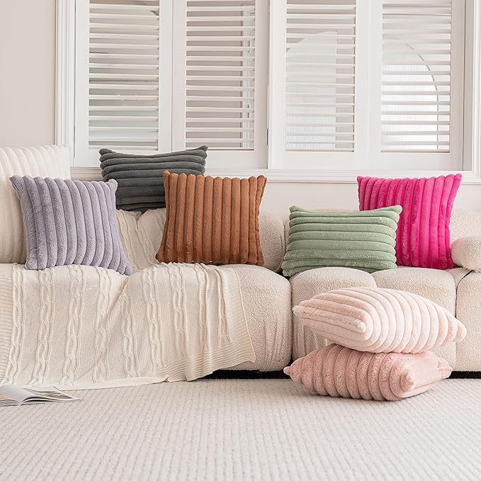 Double-Sided Faux Fur Plush Throw Pillow Covers 22x22 Set of 2 Fuzzy Striped Soft Cozy Pillowcase Luxury Decorative Pillows Square Fluffy Cushion Covers for Couch Sofa Bed,Hot Pink