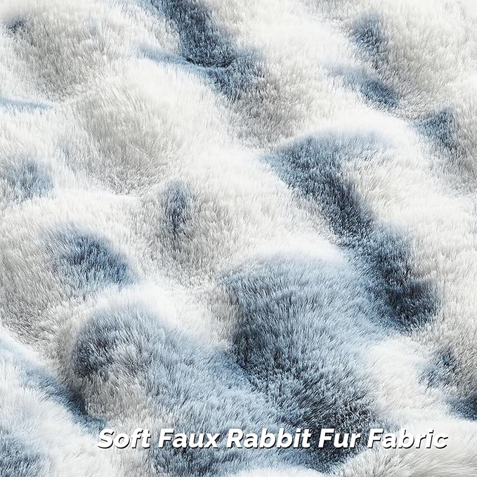 FUTEI Blue White Decorative Throw Pillow Covers 22x22 Inch Set of 2,Soft Fuzzy Faux Rabbit Fur Cushion Covers with Raised Texture,Neutral Boho Home Decor for Couch Bed Living Room