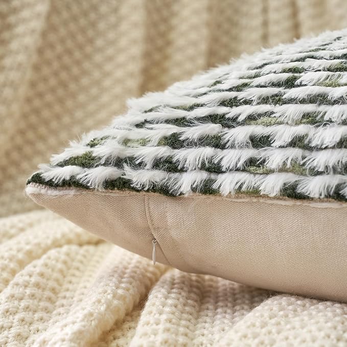 Aeckself Boho Chenille Tufted Pillow Cover 12 x 20 Inch, Rectangle Decorative Lumbar Throw Pillow Cover Neutral Pillowcase for Couch Bedroom Living Room, Green White