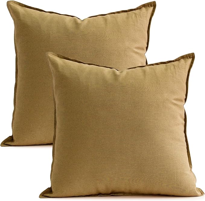 Jeanerlor 18"x18" Solid Cotton Linen Decoration Throw Pillow Case with Zipper Euro Sham Cushion Case Cool Pillow Cover Delicate Decorative Pillowcase for Chair/Bed/Couch,2 Packs, Earth Yellow