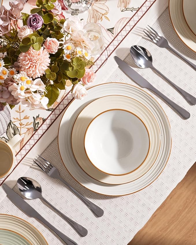 Famiware Jupiter Dinnerware Set, Plates and Bowls Dish Sets for 8 (24 Pieces), Microwave and Dishwasher Safe Stoneware Speckled Tableware, Chip and Scratch Resistant, Vanilla White