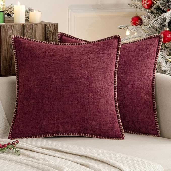 MIULEE Pack of 2 Christmas Pillow Covers 16x16 Inch Burgundy Red Farmhouse Decorative Throw Pillow Covers with Stitched Edge Soft Chenille Solid Dyed Couch Pillow Covers for Sofa Bed Living Room