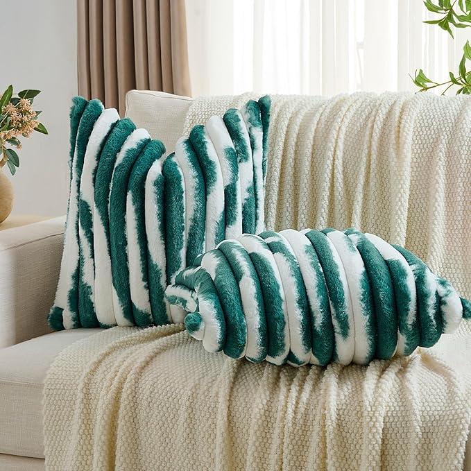 FUTEI Green Decorative Throw Pillow Covers 16x16 Inch Set of 2, Soft Tie-Dye Faux Rabbit Fur Striped Texture Cushion Case, Modern Home Decor for Couch Bed Living Room