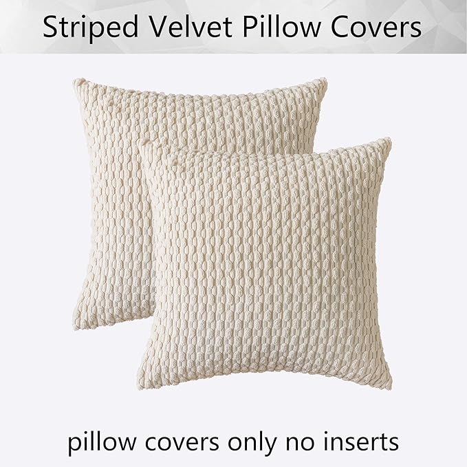 Kevin Textile Set of 2 Decorative Pillow Cover Solid Striped Corduroy Plush Velvet Boho Cushion Cover for Couch 50cm 20 x 20 Inch Cream