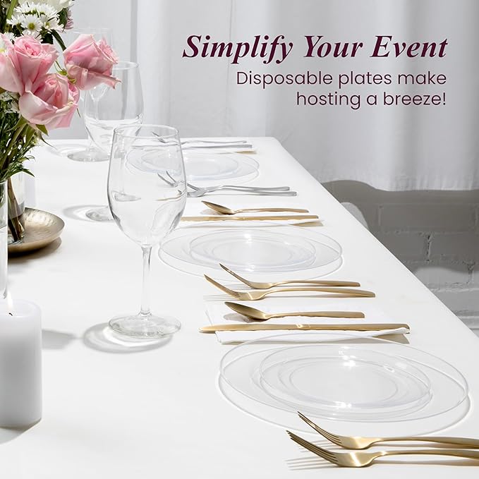 Aya's Cutlery Kingdom 100 Clear Plastic Plates for Party, Heavy Duty Disposable Set of 50 Dinner and 50 Dessert Plates, Elegant Fancy Design for Weddings, Parties, and Special Events