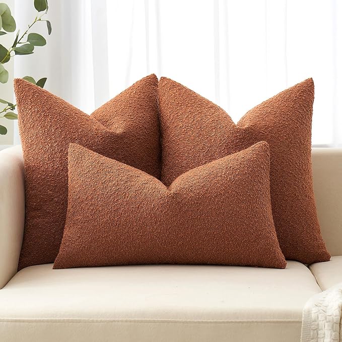 MIULEE 20x20 Inch Decorative Pillow Covers for Couch Bed Set of 2 Textured Boucle Neutral Winter Throw Pillows Rust Accent Solid Cushion Pillowcases Sofa Livingroom Home Decor