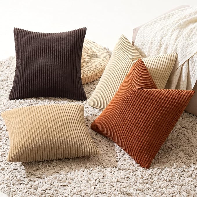 MIULEE Boho Farmhouse Throw Pillow Covers 18x18 Inch Set of 4 Rustic Mordern Neutral Cushion Covers Soft Corduroy Nordic Home Decor for Couch Bed Sofa Living Room Brown-Beige