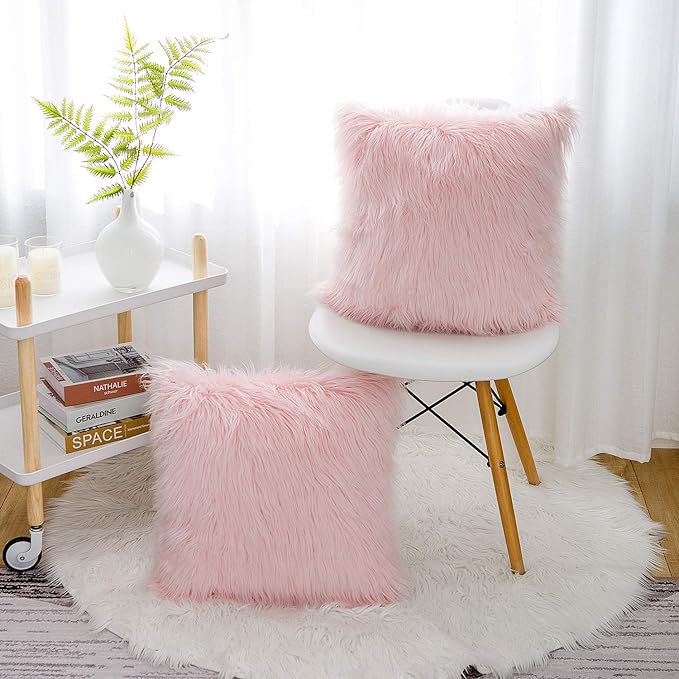 WLNUI Set of 2 Pink Christmas Decorative Fluffy Pillow Covers New Luxury Series Merino Style Blush Faux Fur Throw Pillow Covers Fuzzy Cushion Case for Sofa Bedroom Living Room Home Decor 16x16 Inch