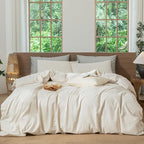 MooMee Striped Duvet Cover Set 100% Washed Cotton Linen Like Textured Breathable Durable Soft Comfy (Almond Milk Grey Pinstripes, Palatial King/Oversized King 120"x98")