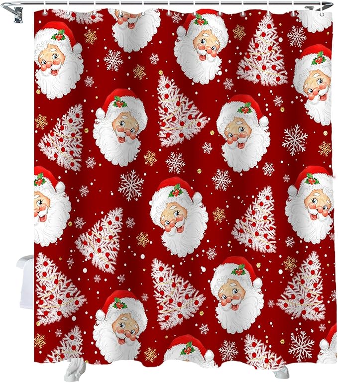 Red Christmas Shower Curtain, Santa Claus Merry Christmas Tree Shower Curtains Set with Hooks, Winter Snowflake Waterproof Fabric Bathroom Curtains Decor Home Accessories,66 X 72 Inch Long