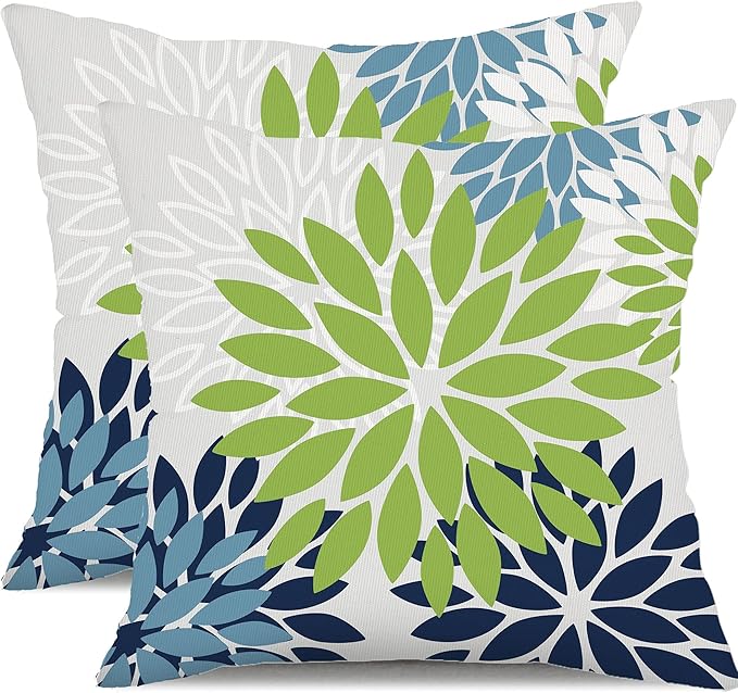 DFXSZ Green Blue Flower Pillow Covers 16x16 Inch Set of 2 White Gray Colored Throw Pillows Outdoor Waterproof Decor for Living Room Sofa Patio Funiture Garden Floral Polyester Pillow Covers 002K16
