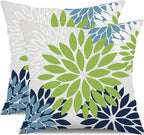 DFXSZ Green Blue Flower Pillow Covers 18x18 Inch Set of 2 White Gray Colored Throw Pillows Outdoor Waterproof Decor for Living Room Sofa Patio Funiture Garden Floral Polyester Pillow Covers 002K18
