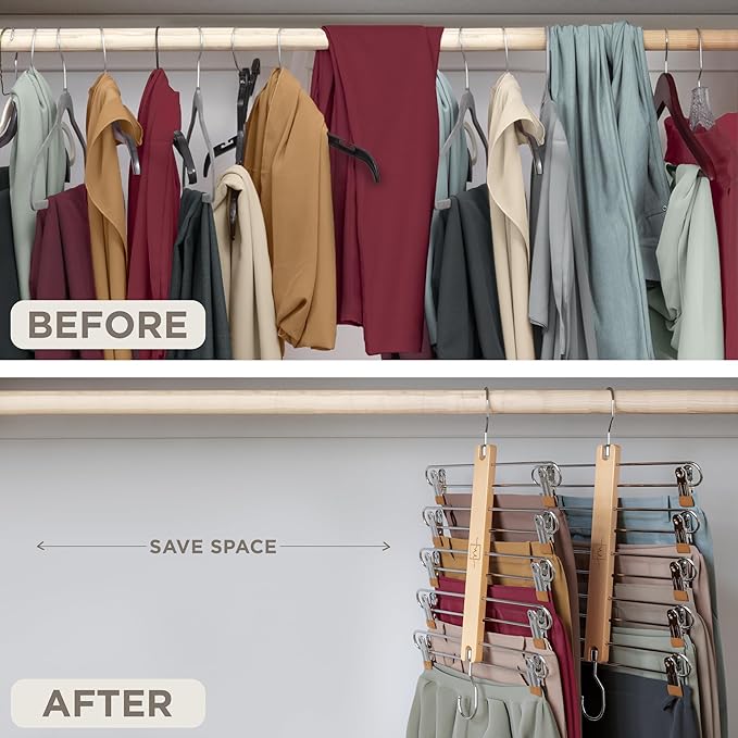 MORALVE Skirt Hangers Space Saving with Clips - 2 Pack - European Beechwood 5-Tier Hanger for Shorts, Skirts, and Pants - Closet Organizer and Storage Solution for Women with 360° Swivel Hook