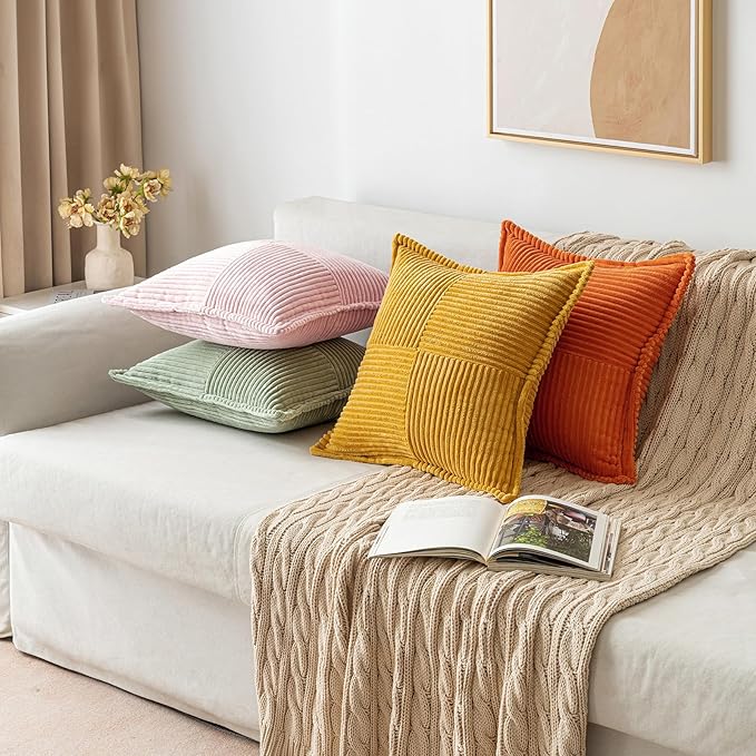 MIULEE Decorative Throw Pillow Covers for Couch Bed Livingroom 16x16 Inch Set of 2 Pink Boho Accent Throw Pllows Broadside Striped Patchwork Soft Corduroy Pillowcases