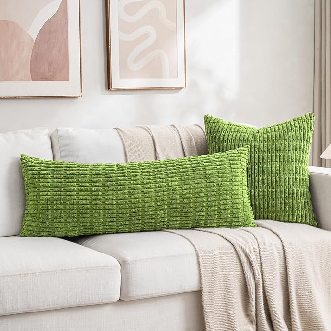 Fancy Homi 1 Pack Lime Green Long Lumbar Body Decorative Throw Pillow Covers 14x36 Inch for Bed Couch Bedroom Bench, Soft Corduroy Rectangle Solid Pillow Case 35x91 cm, Rustic Farmhouse Boho Decor