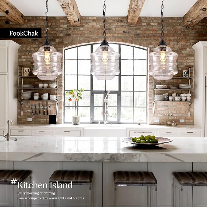 Seeded Glass Pendant Lights Black 10'' Farmhouse Ceiling Pendant Lighting Kitchen Island Large Industrial Oasis Clear Glass Island Hanging Light for Entryway Hallway Breakfast Dining Table