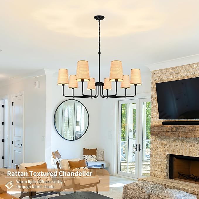 8-Light 39" Black with Fabric Shades Chandelier Farmhouse Linear Island Lighting Fixture Large Adjustable Pendant Lighting Fixtures for Living Room Kitchen Island Dining Room