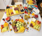 Bamboo Serving Trays Dinner Plates Cheese Board 16.5"x11.8"（42x30cm with Handle, Set Includes 1xHexagon 12.5"(32cm)+1xHexagon 9.8"(25cm)+1xSquare 5.9"(15cm) Plates for Family Dinner