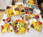 Bamboo Serving Trays Charcuterie Platter 16.5"x11.8"（42x30cm with Handle, Set Includes 1xHexagon 12.5"(32cm)+1xSquare 7.8"(20cm)+1xSquare 5.9"(15cm) Small Plates for Family Dinner