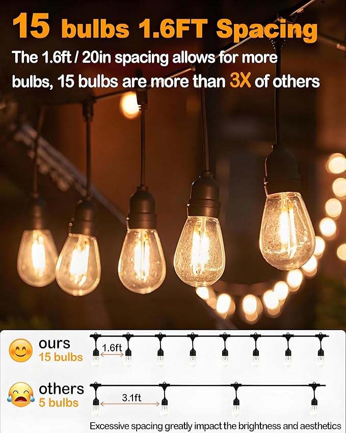 Outdoor String Lights Waterproof with 16 Bulbs 1.6FT Spacing, 25FT Patio Lights, 120V LED Hanging Lights for Porch, Balcony, Gazebo, Yard, Garden, Backyard, Camping and Party Decor