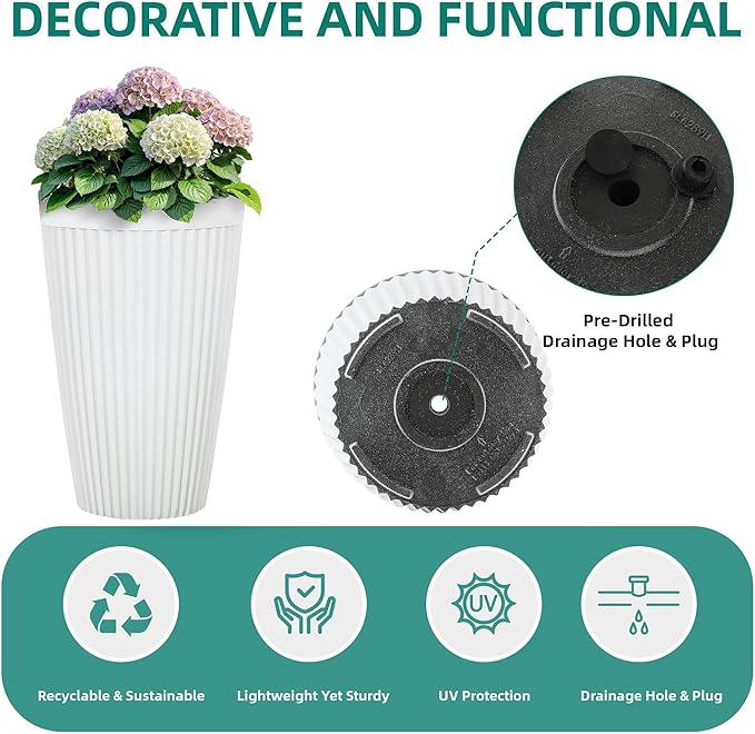 20" Resin Tall Planters for Outdoor Plants,Set of 2 Matt White Large Flower Pots with Handmade Fluted Texture,Heavy-Duty and Resistant for Year Round Indoor, Ideal for Christams Decoratione