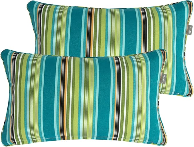Outdoor Lumbar Pillows Water Resistant 12x20 inch,Decorative Throw Pillow Set of 2 with Insert,Hidden Zipper Headrests for Patio Furniture Sofa Couch Chair(Green Stripe)
