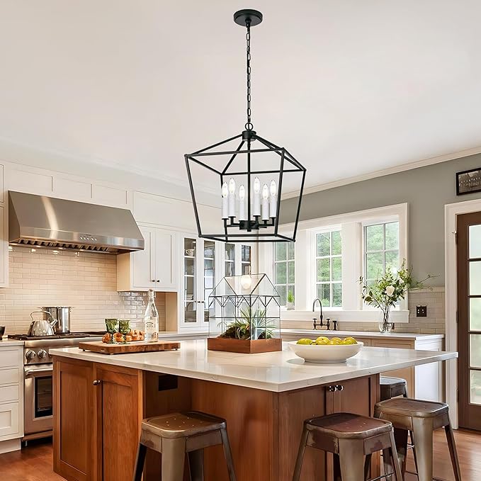 MELUCEE Rustic Open Cage Chandelier 6 Lights in Black Farmhouse Lantern Hanging Ceiling Light Large Pendant Light with White Candle-Shaped Socket for Hallway Dining Room Kitchen Island, E12 Base