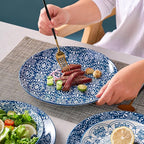 Bestone Porcelain Dinnerware Sets Service for 4, 12 pcs Hand drawn Plates and Bowls Sets, Handmade Ceramic Dish Set, Chip Resistant Modern Plate Set, Dishwasher/Microwave Safe，Vintage Blue