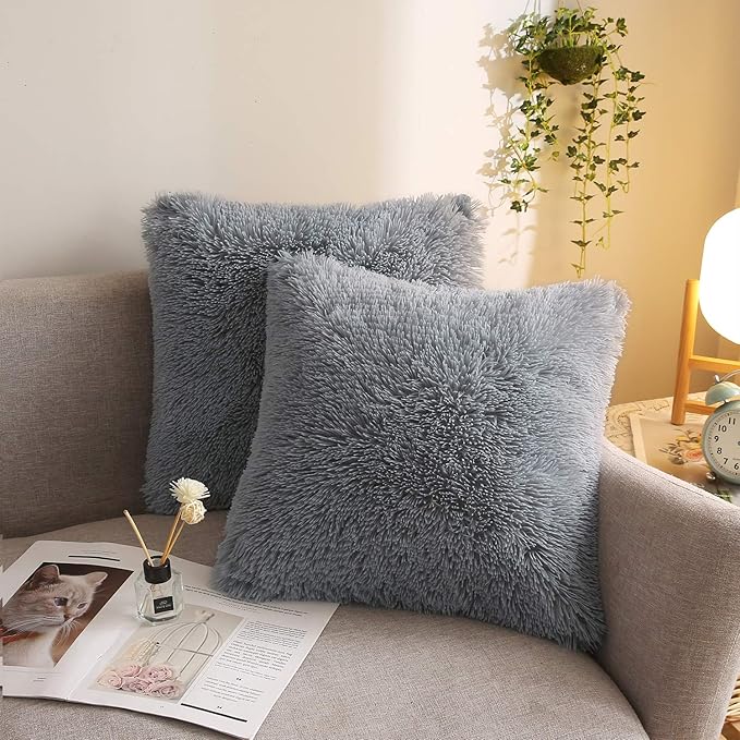 XeGe Cozy Faux Fur Throw Pillow Covers, Zippered Fluffy Cushion Covers, Shaggy Fuzzy Decorative Pillow Covers, Plush Furry Pillowcases Pack of 2 for Sofa Couch Home Decor (18''x18'', Light Gray)