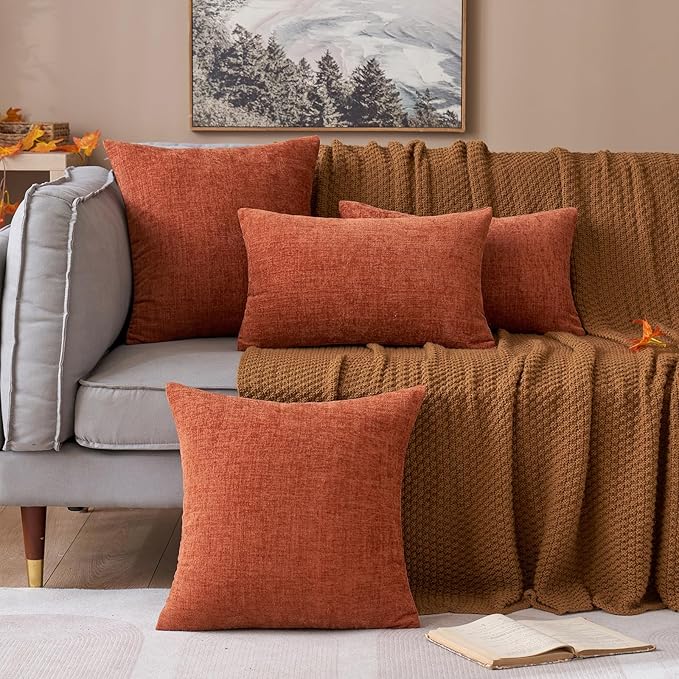 MIULEE Fall Pack of 2 Couch Throw Pillow Covers 20x20 Inch Soft Burnt Orange Chenille Pillow Covers for Sofa Living Room Solid Dyed Pillow Cases