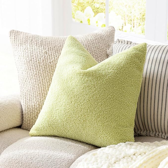 Foindtower Pack of 2, Curly Faux Fur Decorative Throw Pillow Covers Soft Neutral Plush Cushion Case with Zipper Cozy Pillowcase for Home Living Room Couch Bed Sofa 18 x 18 Inch, Grass Green