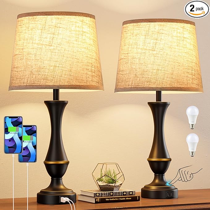 Seealle Upgraded Touch Lamps for Night Stands Set of 2 - Bedside Lamps with USB C+A, 3 Way Dimmable for Bedroom Living Room End Tables Office
