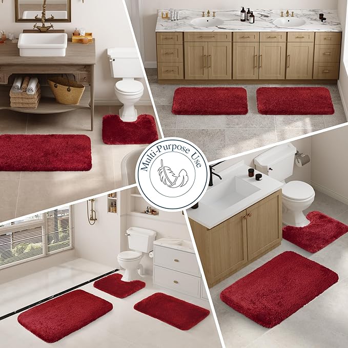 Walensee Bathroom Rug Non Slip Bath Mat (16 x 24, Red) - Water Absorbent Soft Microfiber Shaggy Mat, Machine Washable Thick Plush Rug for Shower