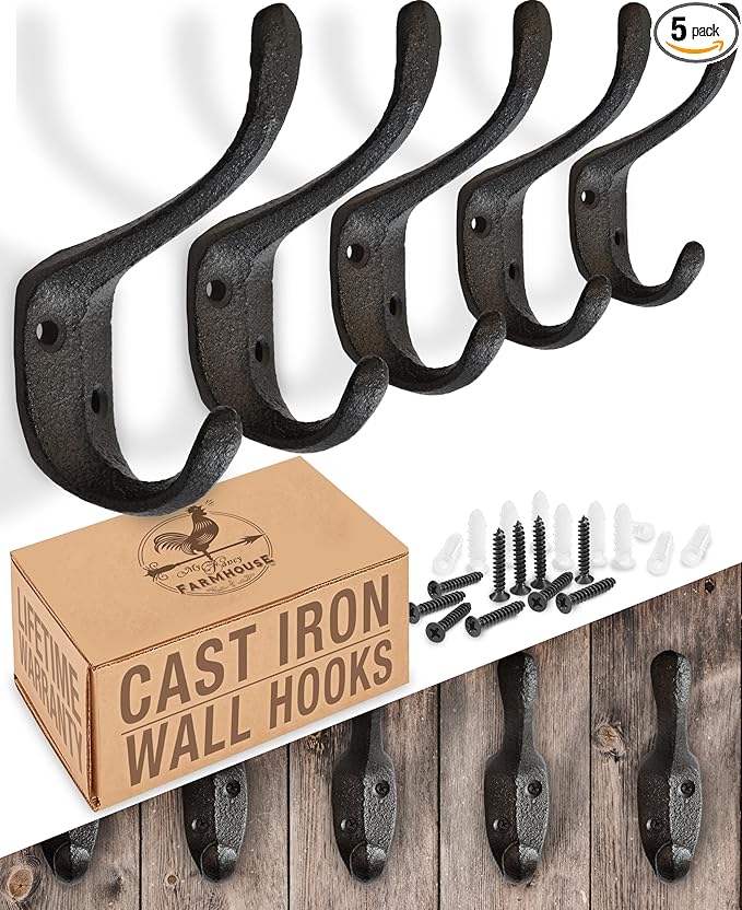 Rustic Cast Iron Coat Hooks (5 Pack) - Wall Mounted Farmhouse Decorative Vintage Hooks for Hanging Coats, Bags, Hats, Towels (Black, Large Spoon)