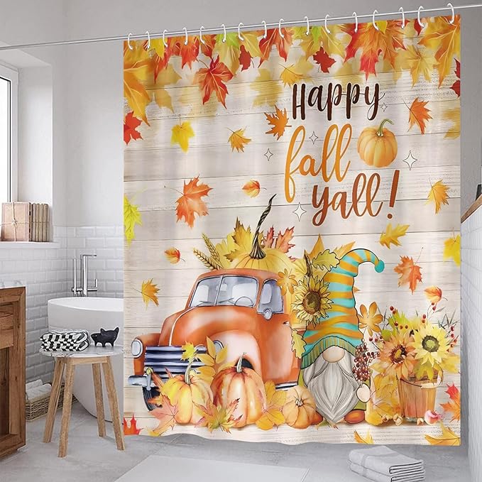 Happy Fall Shower Curtain Gnome Truck Autumn Pumpkin Maple Leaves Harvest Thanksgiving Farmhouse Bathroom Curtains Waterproof Polyester Fabric Bath Curtain 72 x 72 Inch with 12 Hooks