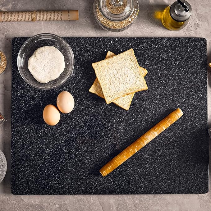 Natural Black Granite Cutting Board for Kitchen, Black Stone Pastry Borad 16x12x0.5 Inch, with Non-Slip Feet, for Serving, Baking, and Tempering Chocolate.