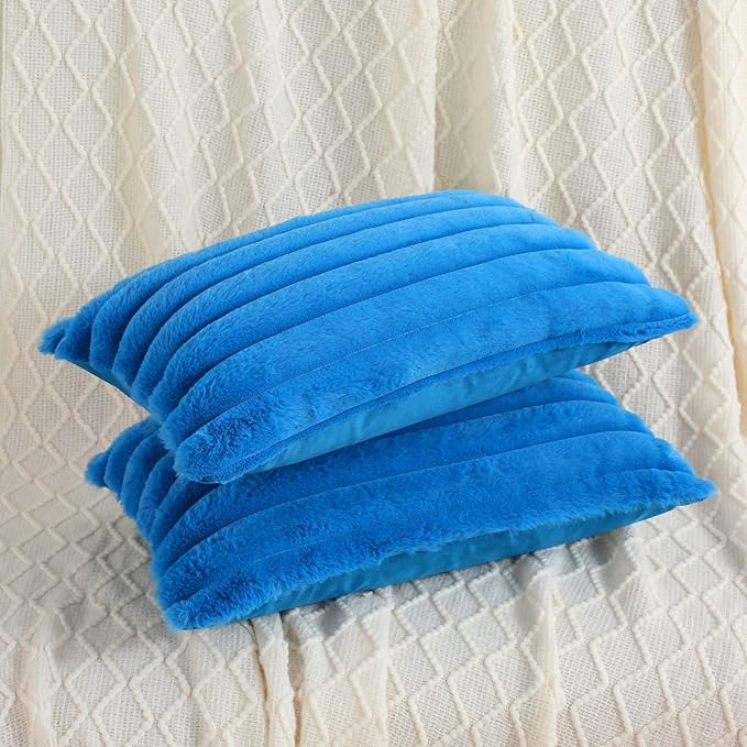 FUTEI Royal Blue Striped Decorative Throw Pillow Covers 12x20 Inch Set of 2,Rectangle Winter Decorations Couch Lumbar Pillowcase,Soft Cozy Faux Rabbit Fur & Velvet Back,Modern Home Decor for Bed